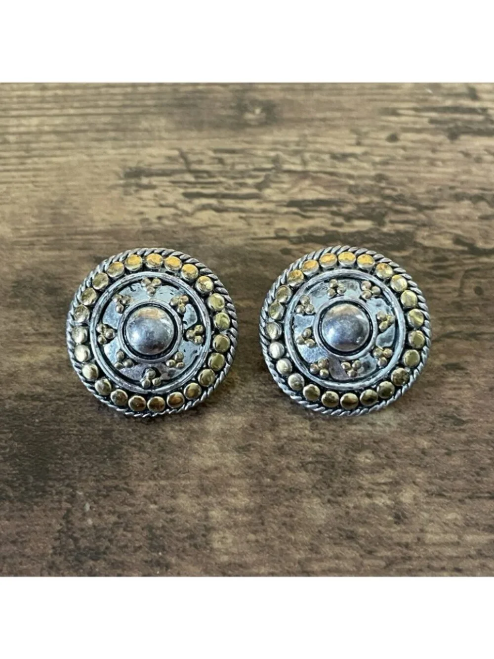 Vintage Napier Earrings Silver Gold Two Tone Etruscan Byzantine Style Post Back
